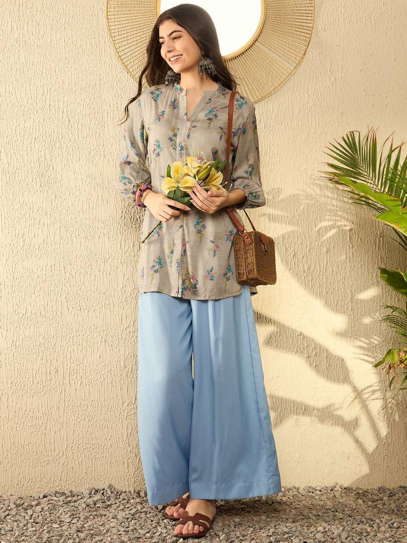 women grey poly rayon floral printed regular tunic