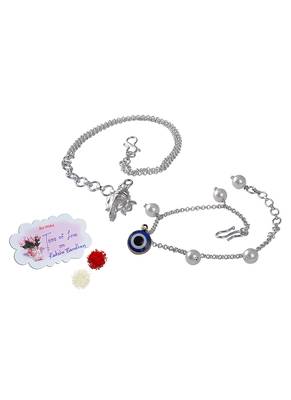 Fancy lord ganesha/evil eye handcrafted bracelets rakhi for bhaiya-bhabhi, couple with japanese pearls (adjustable). 1