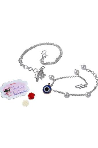 Fancy lord ganesha/evil eye handcrafted bracelets rakhi for bhaiya-bhabhi, couple with japanese pearls (adjustable).