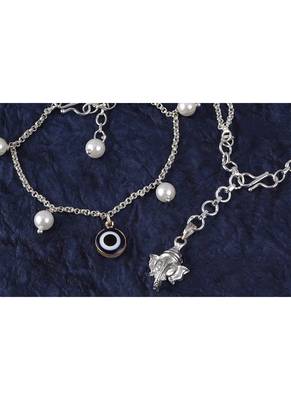 Fancy lord ganesha/evil eye handcrafted bracelets rakhi for bhaiya-bhabhi, couple with japanese pearls (adjustable). 2