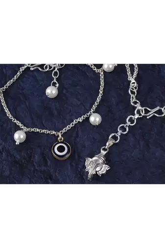 Fancy lord ganesha/evil eye handcrafted bracelets rakhi for bhaiya-bhabhi, couple with japanese pearls (adjustable).