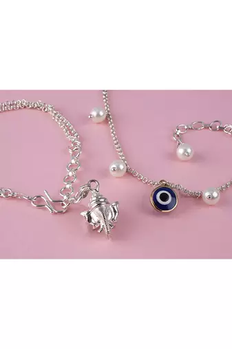 Fancy lord ganesha/evil eye handcrafted bracelets rakhi for bhaiya-bhabhi, couple with japanese pearls (adjustable).