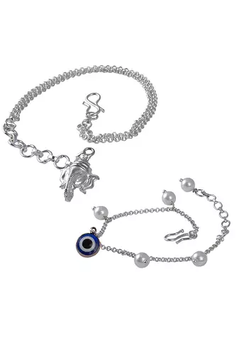 Fancy lord ganesha/evil eye handcrafted bracelets rakhi for bhaiya-bhabhi, couple with japanese pearls (adjustable).