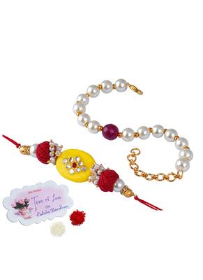 Combo of colorful kundan stone rakhi n pearl bracelet for bhaiya/brother, couple pair rakhi set 1