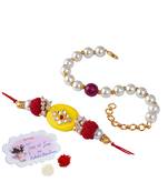 Combo of colorful kundan stone rakhi n pearl bracelet for bhaiya/brother, couple pair rakhi set