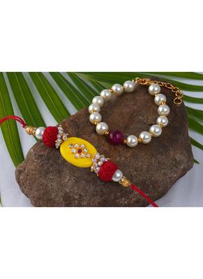 Combo of colorful kundan stone rakhi n pearl bracelet for bhaiya/brother, couple pair rakhi set 2