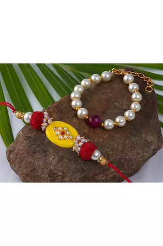 Combo of colorful kundan stone rakhi n pearl bracelet for bhaiya/brother, couple pair rakhi set