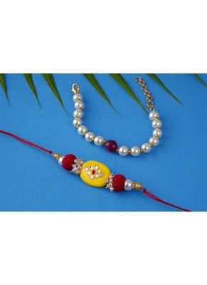 Combo of colorful kundan stone rakhi n pearl bracelet for bhaiya/brother, couple pair rakhi set 3