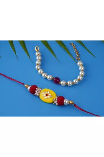 Combo of colorful kundan stone rakhi n pearl bracelet for bhaiya/brother, couple pair rakhi set