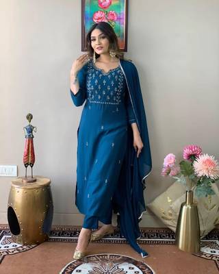 Petrol Embroidered Work Rayon Slub Fabric Straight Kurta, Pant and Dupatta Set 1