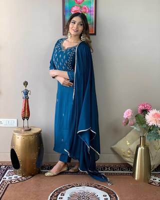 Petrol Embroidered Work Rayon Slub Fabric Straight Kurta, Pant and Dupatta Set 2