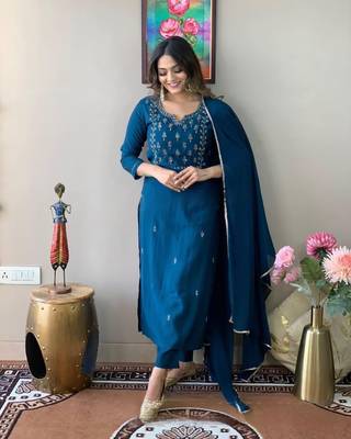 Petrol Embroidered Work Rayon Slub Fabric Straight Kurta, Pant and Dupatta Set 3