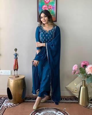 Petrol Embroidered Work Rayon Slub Fabric Straight Kurta, Pant and Dupatta Set 5