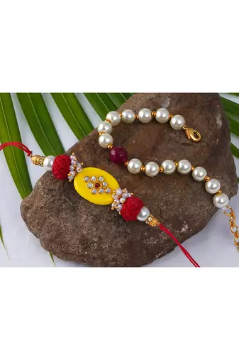 Combo of colorful kundan stone rakhi n pearl bracelet for bhaiya/brother, couple pair rakhi set