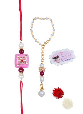 Handmade kundan pink stone rakhi combo pearl collection couple pair set bhaiya bhabhi 1