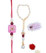 Handmade kundan pink stone rakhi combo pearl collection couple pair set bhaiya bhabhi