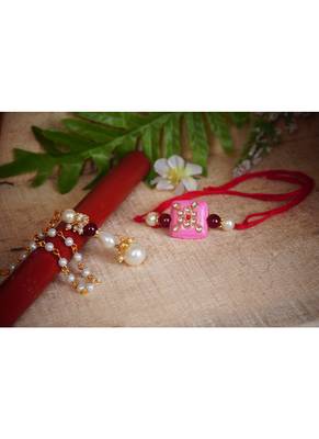 Handmade kundan pink stone rakhi combo pearl collection couple pair set bhaiya bhabhi 2