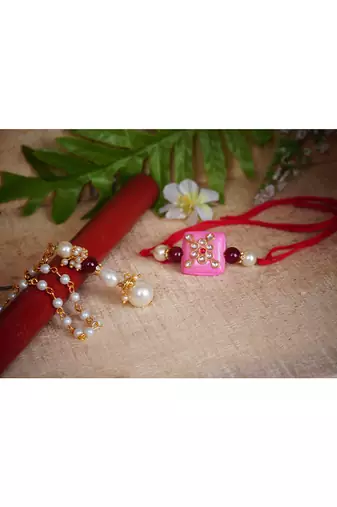 Handmade kundan pink stone rakhi combo pearl collection couple pair set bhaiya bhabhi