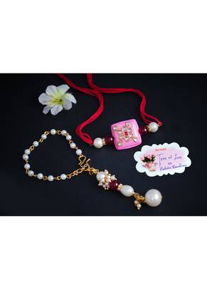 Handmade kundan pink stone rakhi combo pearl collection couple pair set bhaiya bhabhi 3