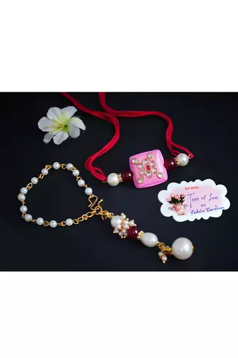 Handmade kundan pink stone rakhi combo pearl collection couple pair set bhaiya bhabhi
