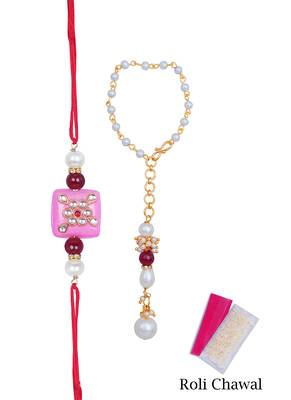 Handmade kundan pink stone rakhi combo pearl collection couple pair set bhaiya bhabhi 4