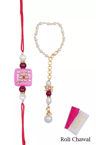 Handmade kundan pink stone rakhi combo pearl collection couple pair set bhaiya bhabhi