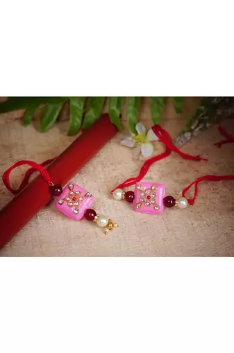 Handmade kundan pink stone rakhi for brother,combo design collection couple pair rakhi