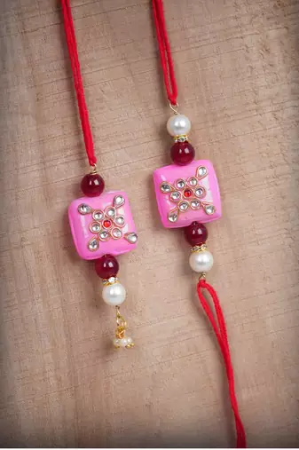 Handmade kundan pink stone rakhi for brother,combo design collection couple pair rakhi
