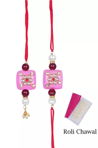 Handmade kundan pink stone rakhi for brother,combo design collection couple pair rakhi