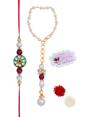 Handmade kundan green stone rakhi for brother,combo pearl collection couple pair rakhi 1