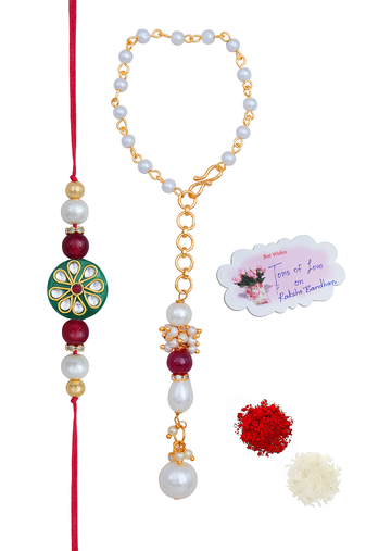 Handmade kundan green stone rakhi for brother,combo pearl collection couple pair rakhi