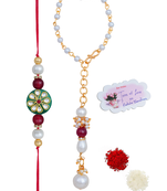 Handmade kundan green stone rakhi for brother,combo pearl collection couple pair rakhi