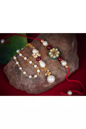 Handmade kundan green stone rakhi for brother,combo pearl collection couple pair rakhi