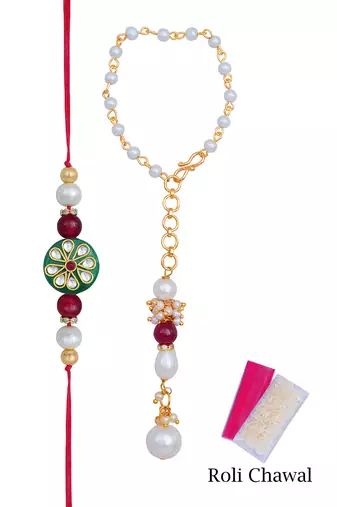 Handmade kundan green stone rakhi for brother,combo pearl collection couple pair rakhi