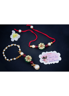 Handmade kundan green stone rakhi for brother, combo fancy design collection couple pair rakhi 3
