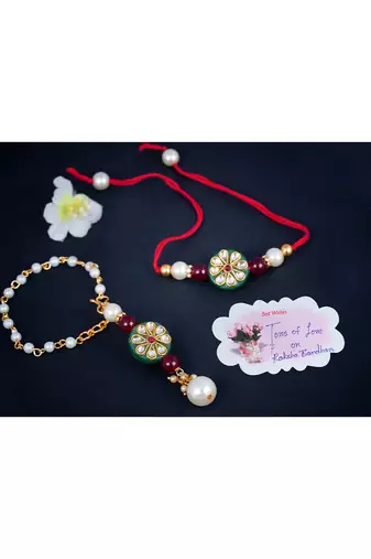 Handmade kundan green stone rakhi for brother, combo fancy design collection couple pair rakhi