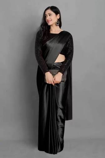 BOLLYWOOD STYLE DESIGNER SATIN SILK SAREE PARTY WEAR SAREE EXCLUSIVE SAREE WITH SEQUENCE WORK BLOUSE (UNSTITCHED)