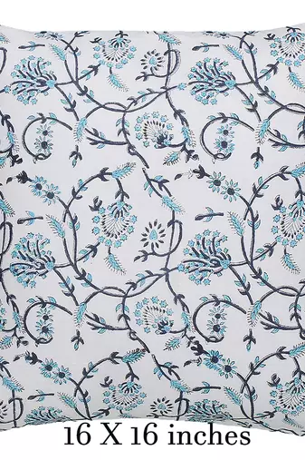 White Blue Cotton Block Print Cushion Cover (Set of 2pcs)