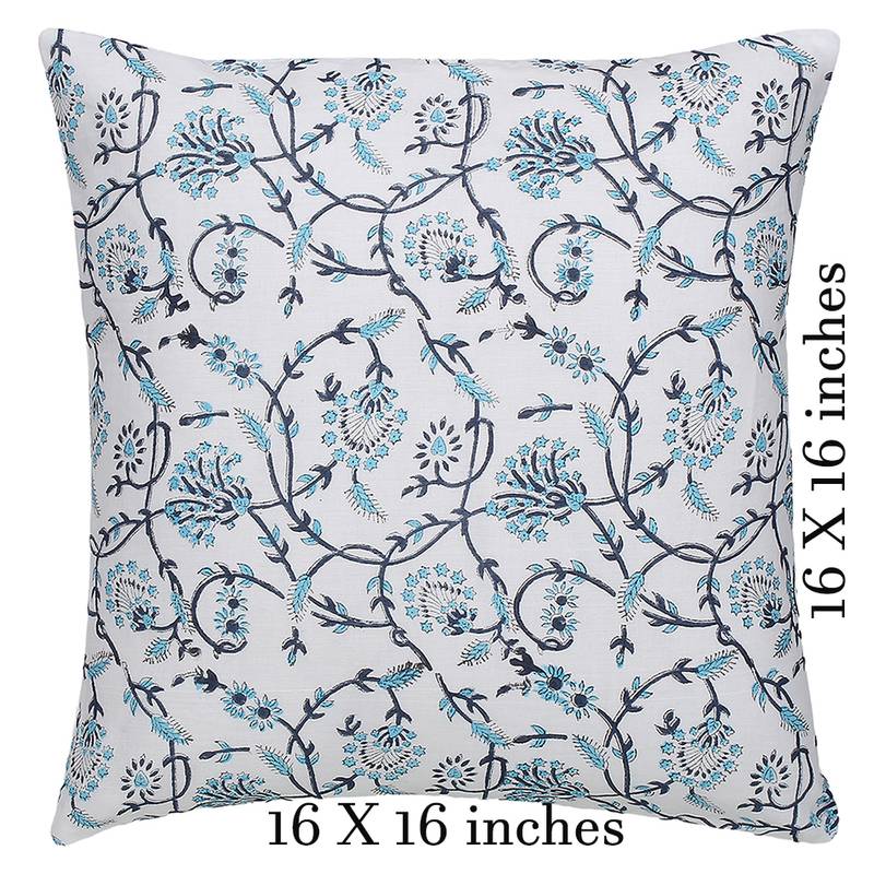 White Blue Cotton Block Print Cushion Cover (Set of 2pcs)