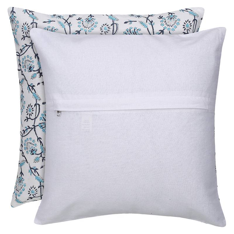 White Blue Cotton Block Print Cushion Cover (Set of 2pcs)