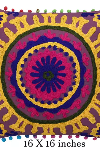 Purple Multi Aari Embroidered Cushion Cover (Set of 2pcs)