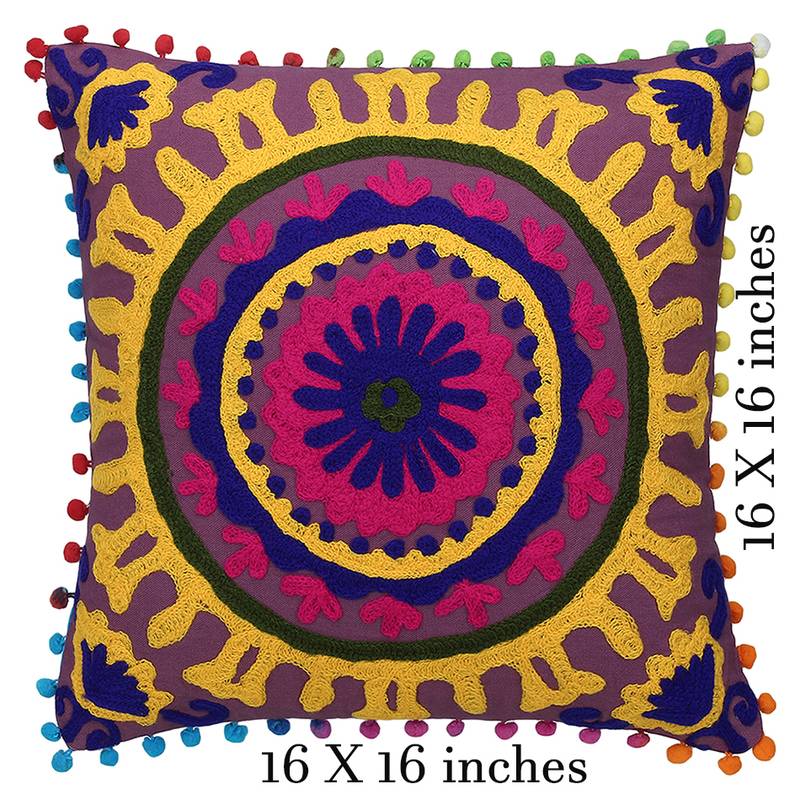 Purple Multi Aari Embroidered Cushion Cover (Set of 2pcs)