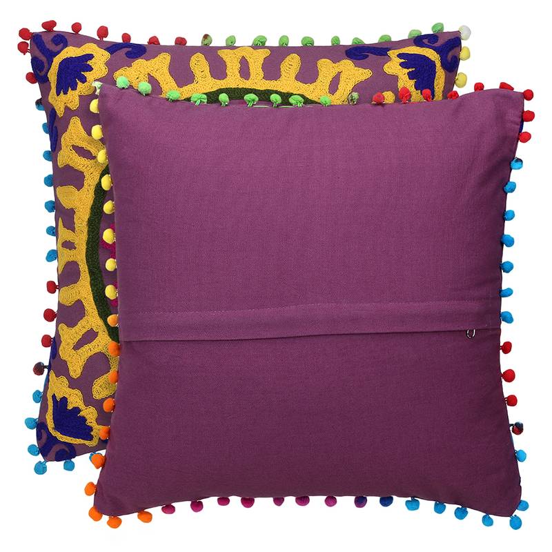 Purple Multi Aari Embroidered Cushion Cover (Set of 2pcs)