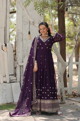 Purple Printed Rayon Anarkali Kurta Palazzo Set 1