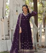 Purple Printed Rayon Anarkali Kurta Palazzo Set