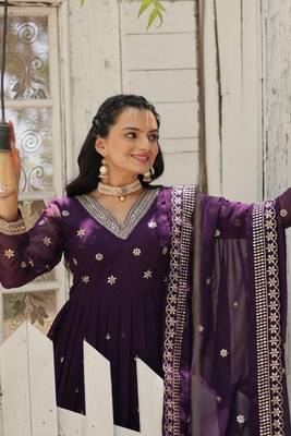 Purple Printed Rayon Anarkali Kurta Palazzo Set 2
