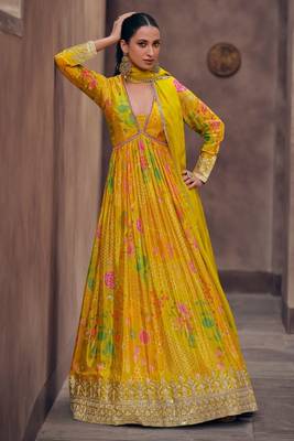 Yellow exclusive embroidered faux georgette stitched anarkali suit 1