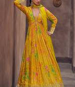 Yellow exclusive embroidered faux georgette stitched anarkali suit