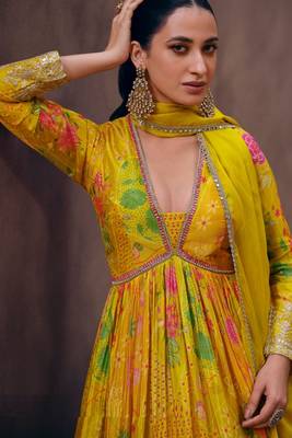 Yellow exclusive embroidered faux georgette stitched anarkali suit 2