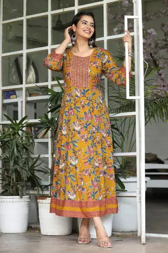 Premium quality rayon anarkali kurti with hand mirror and gotta work
